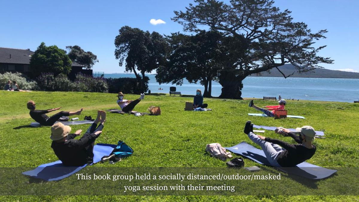 Picture of group holding outdoor, socially distanced yoga meeting